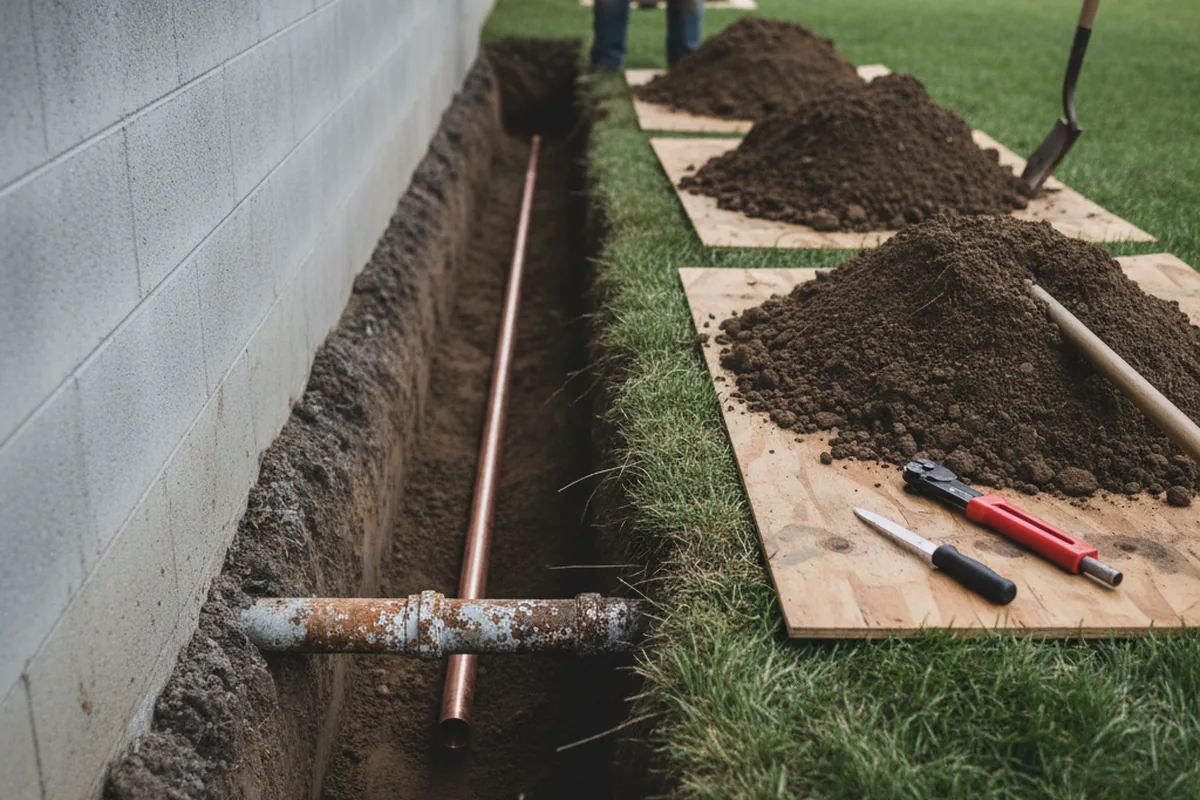 Excavated water line trench during Water Softener Installation in Webb